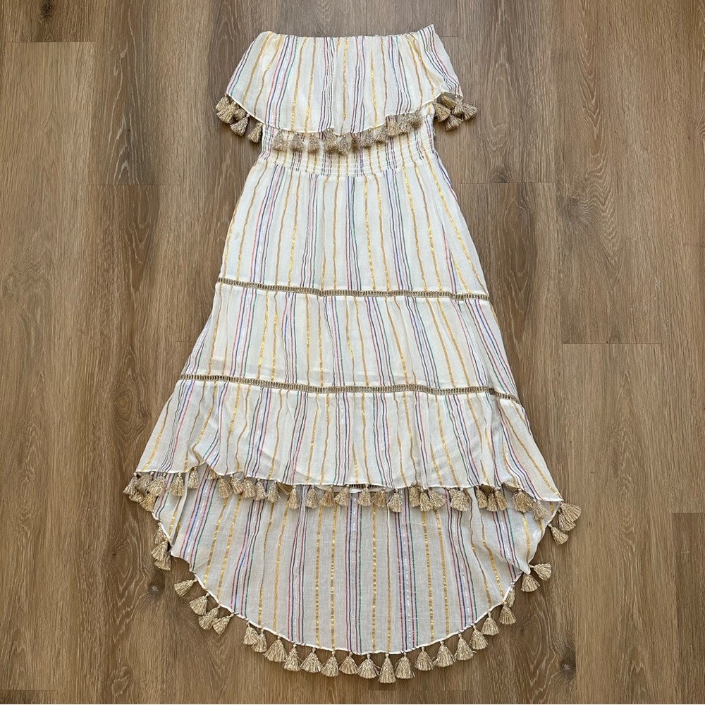 Saylor Stapless dress with lurex strip & tassels. Size XS